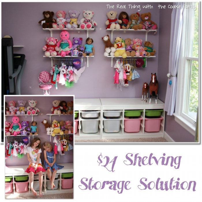 Fantastic $24 shelving storage solution. Perfect for a child room or playroom. Love this idea! #Organizing #Storage #Toys #RealCoake