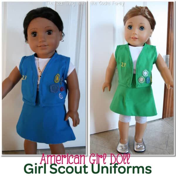 2 American Girl Dolls wearing custom sewn Daisy and Junior Girl Scout Vests