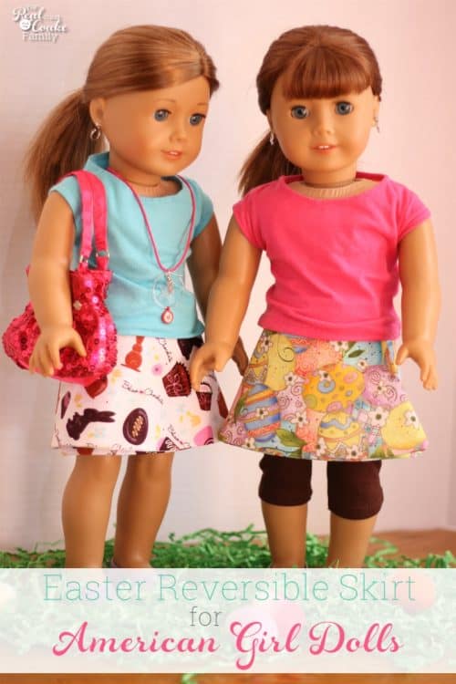 Free doll clothes pattern for an American Girl Doll Easter reversible skirt. Super easy sewing and a cute skirt. Fun!