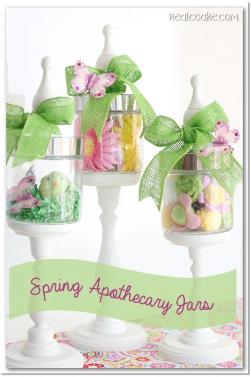 Spring decorating ideas using cute Apothecary Jars. #ApothecaryJars #Spring #Decorating