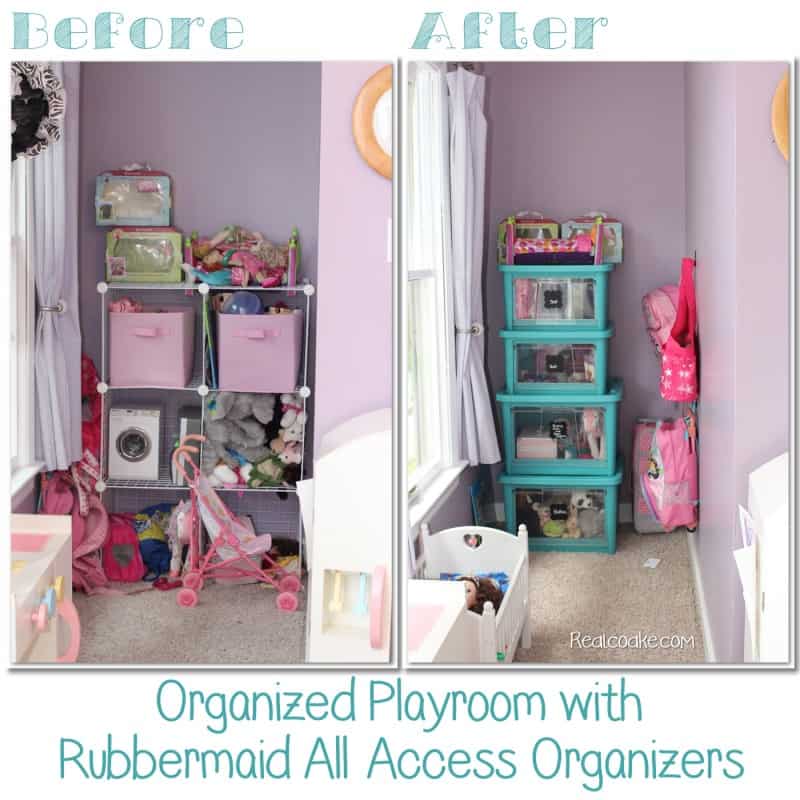 Love how great this looks and how it simplified the playroom. Easy toy storage using Rubbermaid All Access Organizers. #Organizing #Playroom #Storage #RealCoake