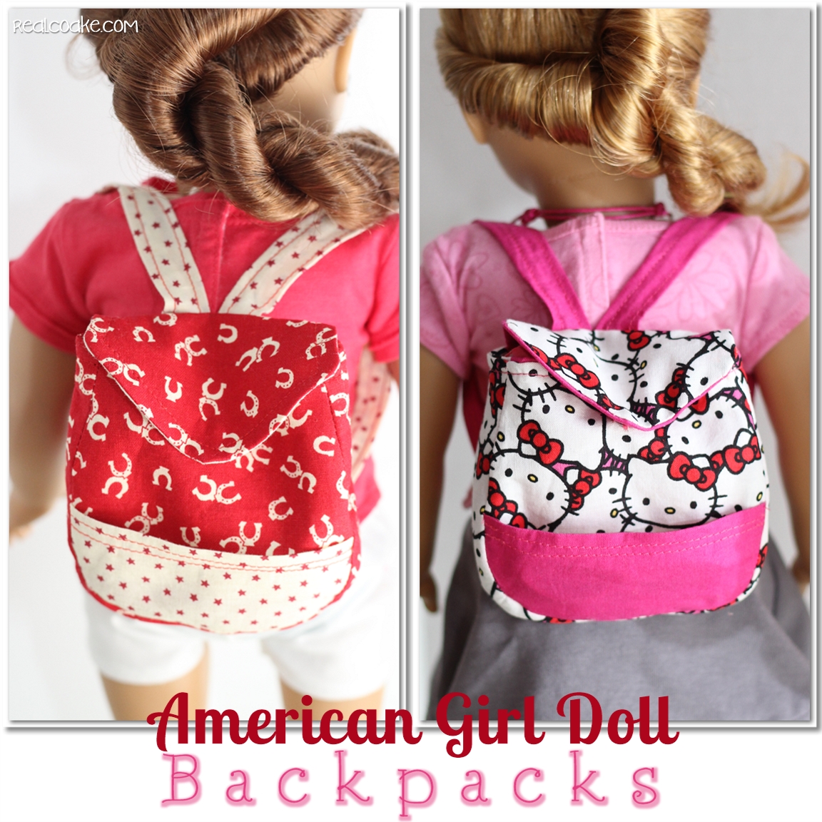 American Girl Doll pattern for cute backpacks for your dolls. #AmericanGirlDoll #Sewing #Pattern #AGDoll #RealCoake