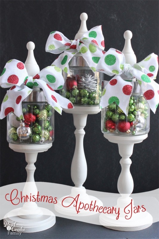 Idea using apothecary jars filled with Christmas items as part of your Christmas decorations from #RealCoake #ApothecaryJars #ChristmasDecorations #Christmas