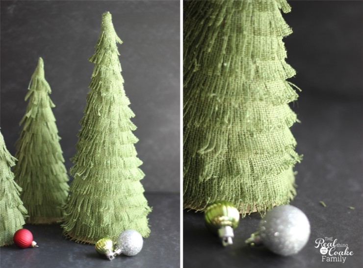 Darling Christmas crafts to make burlap Christmas trees. Perfect Christmas decorations. #Burlap #Christmas #Craft #Trees #RealCoake