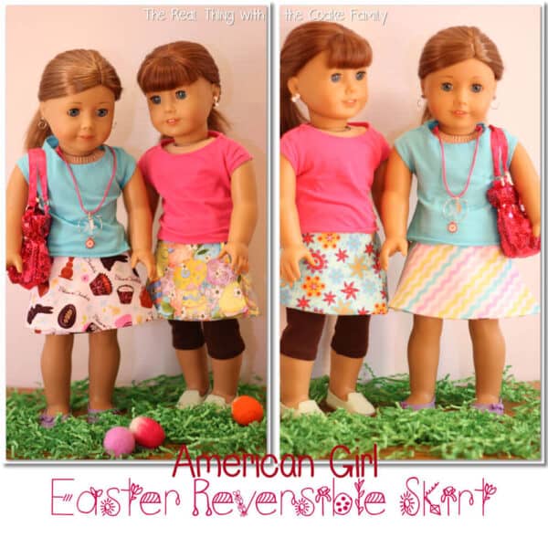 2 American Girl dolls standing in grass wearing reversible skirts