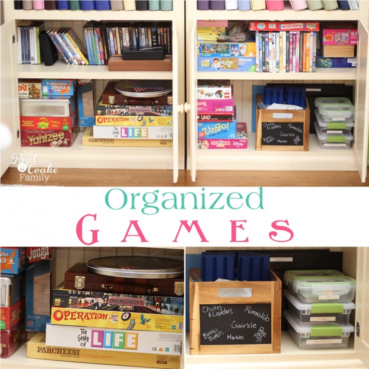 How to organize your games with tips and ideas for small spaces. #Organize #Organizing #Games