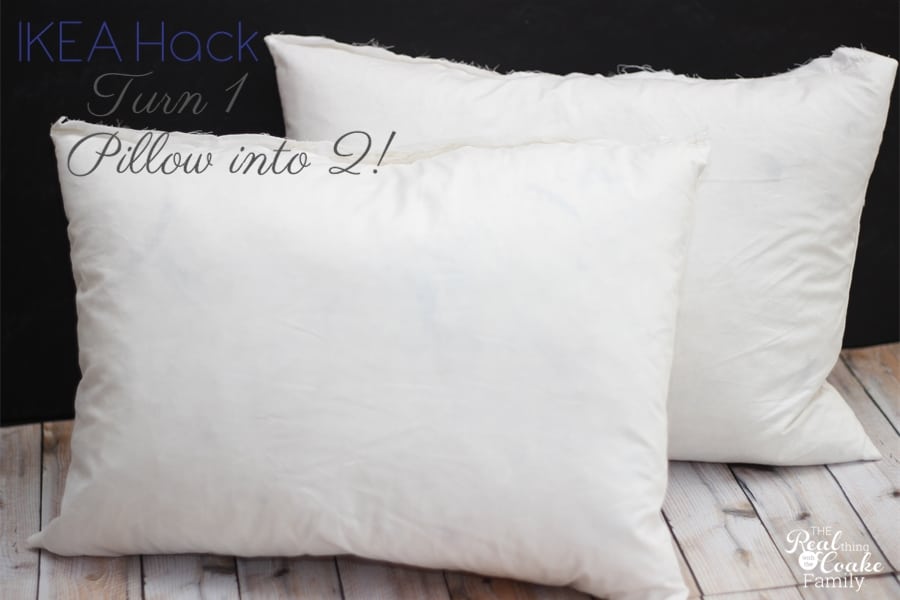 IKEA Hack to make two decorative pillows out of one pillow form. Easy way to get more decorative pillows for cheap. #IKEAHack #Pillows #HomeDecor #RealCoake