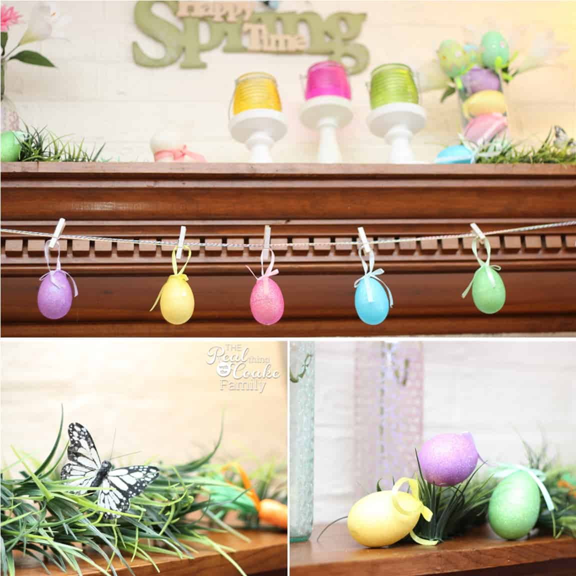 Ideas for a cheery, colorful, and pretty spring/Easter Mantel. #HomeDecor #Mantel #Easter #Spring #RealCoake