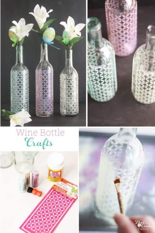Collage image of the wine bottle craft to make DIY glitter vases out of wine bottles. 