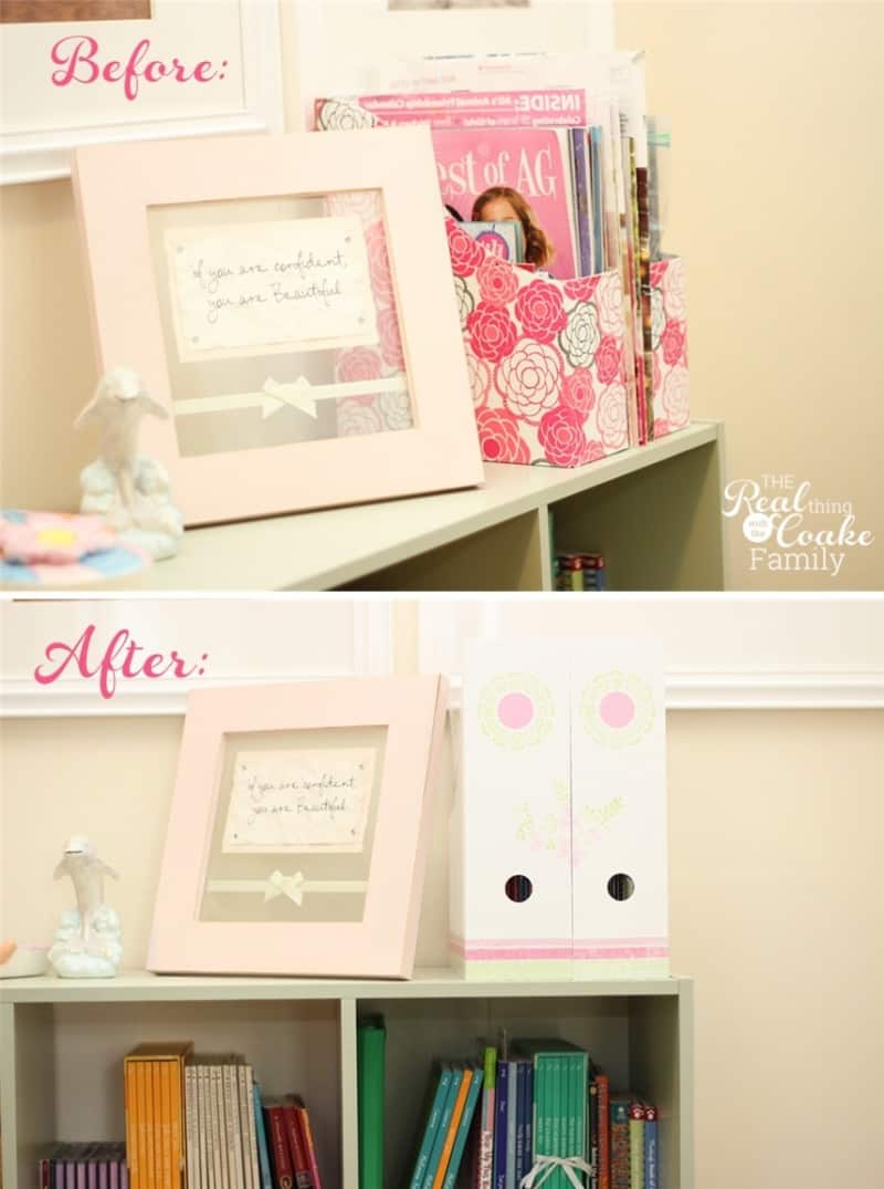 Make this adorable DIY magazine holder to help organize your magazines or catalogs in a cute way! #DIY #Crafts #ModPodge #Organize #RealCoake