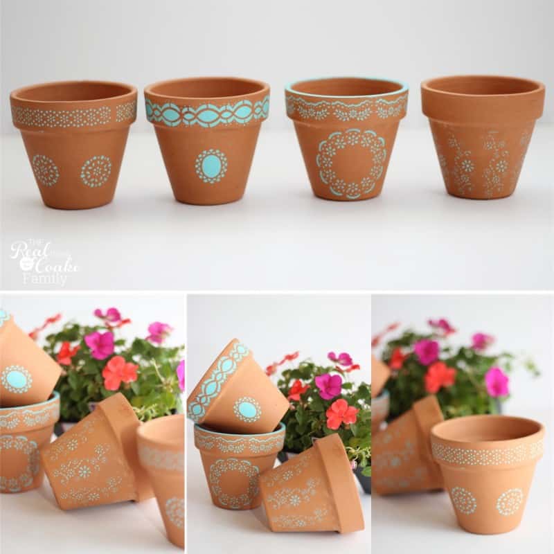 Great idea for teacher gifts or other gifts to make stenciled pots. #TeacherGifts #GiftIdeas #Pots #RealCoake