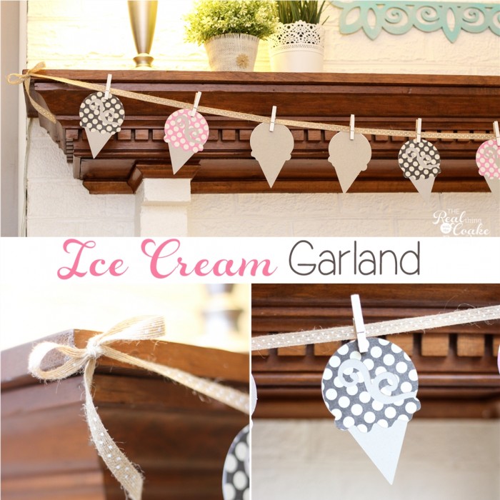 Cute DIY home decor idea to make an summer ice cream shaped garland for the mantel. #DIY #HomeDecor #Crafts #RealCoake