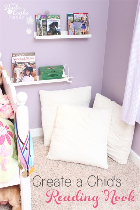 Kids Bedroom Ideas to create a cozy reading nook in the corner of a room. Perfect for encouraging reading. #Kids #Bedroom #Reading #RealCoake