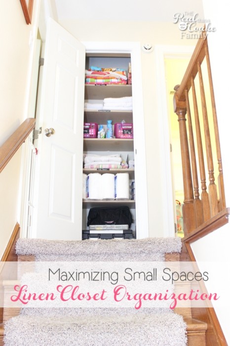 Linen Closet Organization - Great DIY post showing how to organize to maximize a small space for a family.