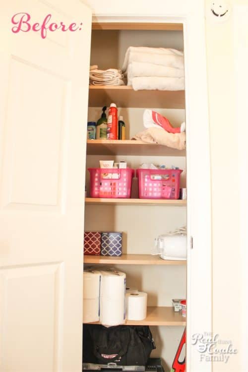 Linen Closet Organization - Great DIY post showing how to organize to maximize a small space for a family.