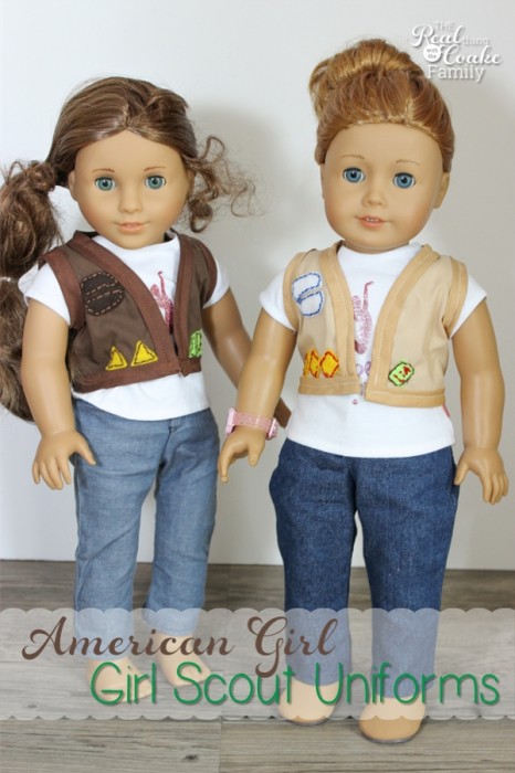 So stinking cute! American Girl Doll clothes pattern to make Girl Scout Uniforms for your dolls! #sewing #pattern #dolls #americangirldoll #girlscouts #realcoake