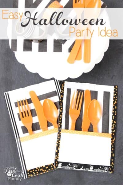 Super cute and easy Halloween party idea to make these adorable kits with napkins and utensils. Must make these!