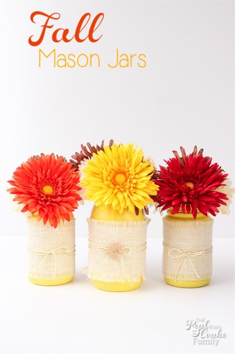 I love these fall mason jars (and any mason jar crafts)! They were a total craft fail that  were turned around with some burlap, twine and flowers. You have to see the difference!