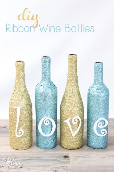 Wine Bottle Crafts are the best! This is to make diy wine bottles with ribbon and wood letters. Easy and pretty! Sponsored