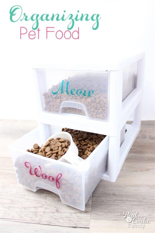 What a cute and genius idea for organizing Pet Food! This DIY works really well and helps save a ton of space in my home. 