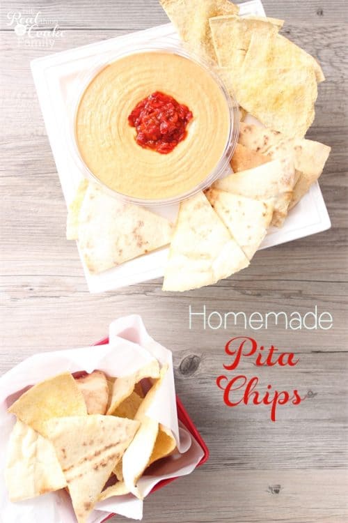 These are the best Homemade Pita Chips! They are a LOT less expensive than buying pita chips, super easy to make, and really tasty. Perfection!
