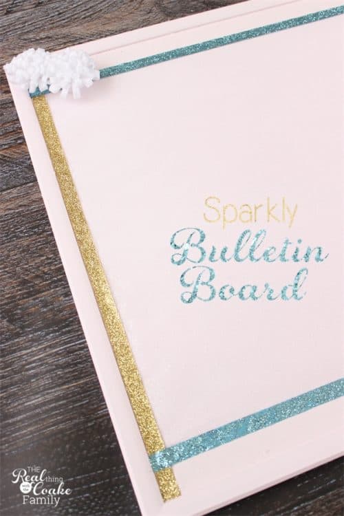 This bulletin board started as a plain brown bulletin board. Such a great diy to add sparkle and cuteness to a bulletin board. 