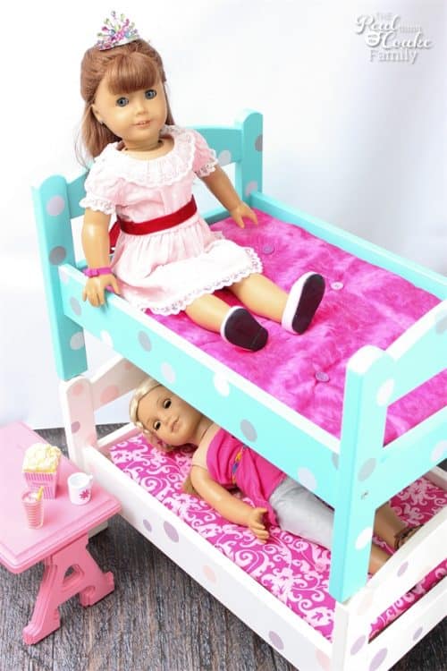 OMG! These are the cutest American Girl Doll Bunk Beds! They are a diy using IKEA doll beds which makes them inexpensive and easy to customize. So cute!