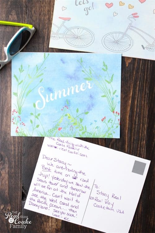 These are adorable printable postcards! They are free printables perfect for printing and sending from camp or on a trip over the summer.