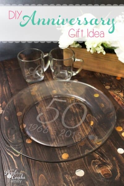 I think personalized gifts are the best. This diy plate and cups can easily be personalized as anniversary gifts. Great gift ideas!