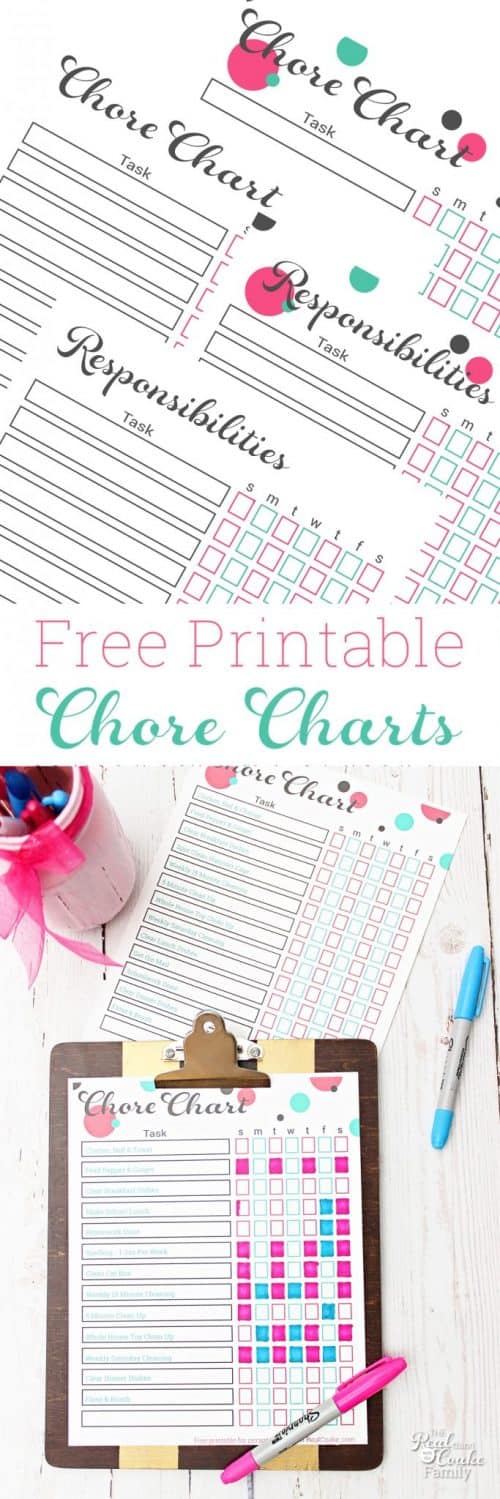 Such cute free printable chore charts or responsibility charts for the kids. Has ideas on how to use them and for chores. 