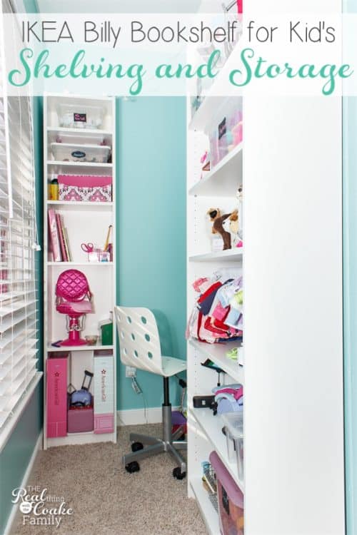 Love how organized these IKEA bookcases are. They make great a great way to organize and provide storage in this awkward kids room corner. 
