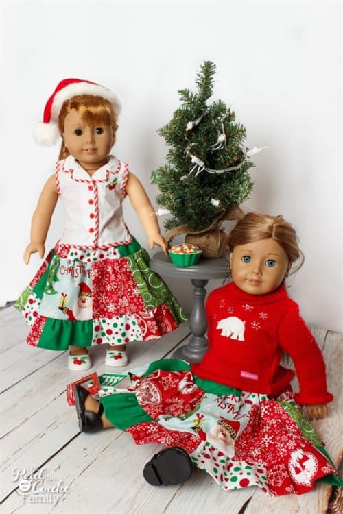 Cute American Girl Doll Clothes sewing pattern to make fun and full twirl skirts for the dolls. Love the Christmas fabric!