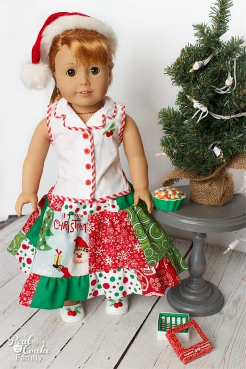 Cute American Girl Doll Clothes sewing pattern to make fun and full twirl skirts for the dolls. Love the Christmas fabric!