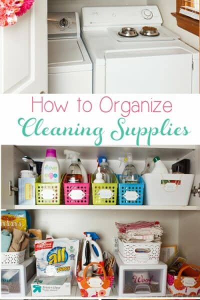 LOVE this easy way to have organized cleaning supplies. Using office supplies to organize is a genius idea.