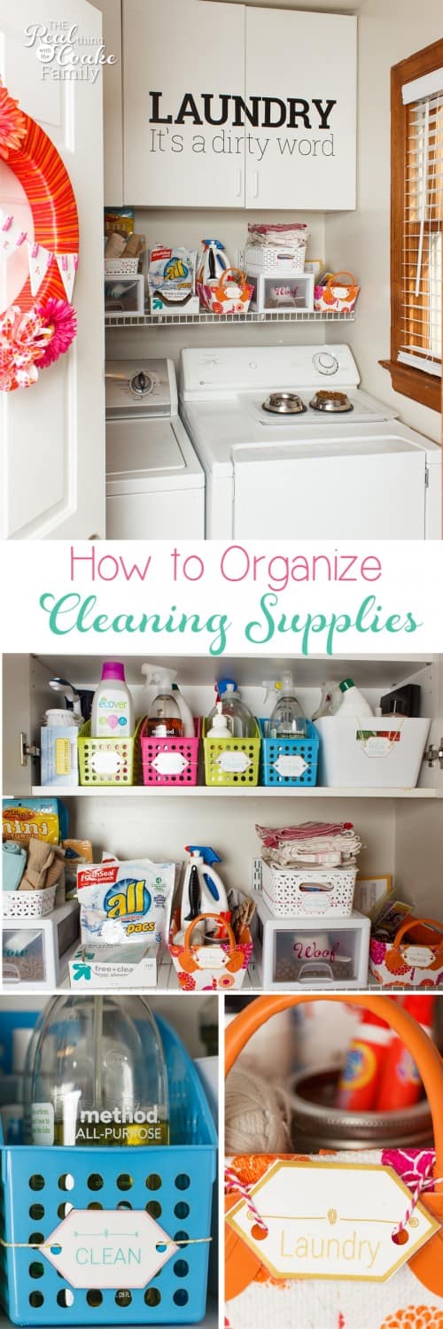 LOVE this easy way to have organized cleaning supplies. Using office supplies to organize is a genius idea. 