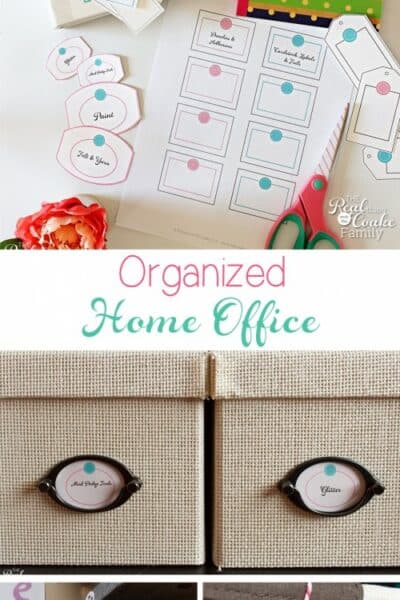 Great Organized Home Office - tons of organization ideas for a small space and organizing all those papers the family brings home to mom. Shows ideas for adding cuteness and personality. Love the printable labels and tags.