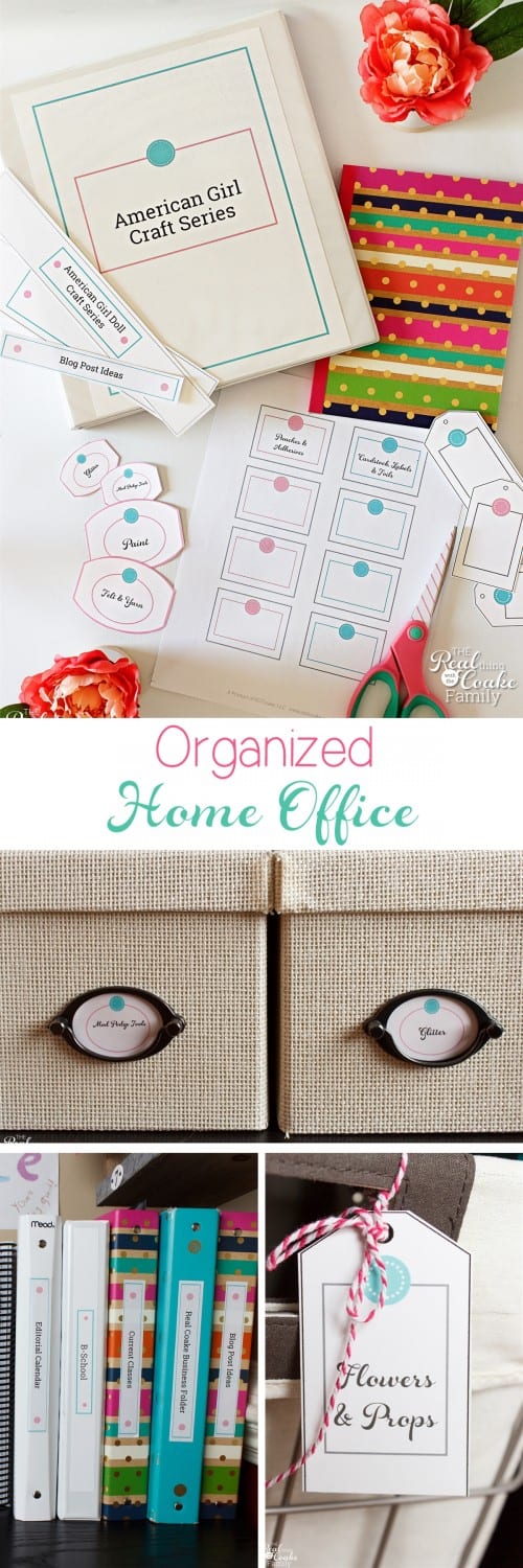 Great Organized Home Office - tons of organization ideas for a small space and organizing all those papers the family brings home to mom. Shows ideas for adding cuteness and personality. Love the printable labels and tags.