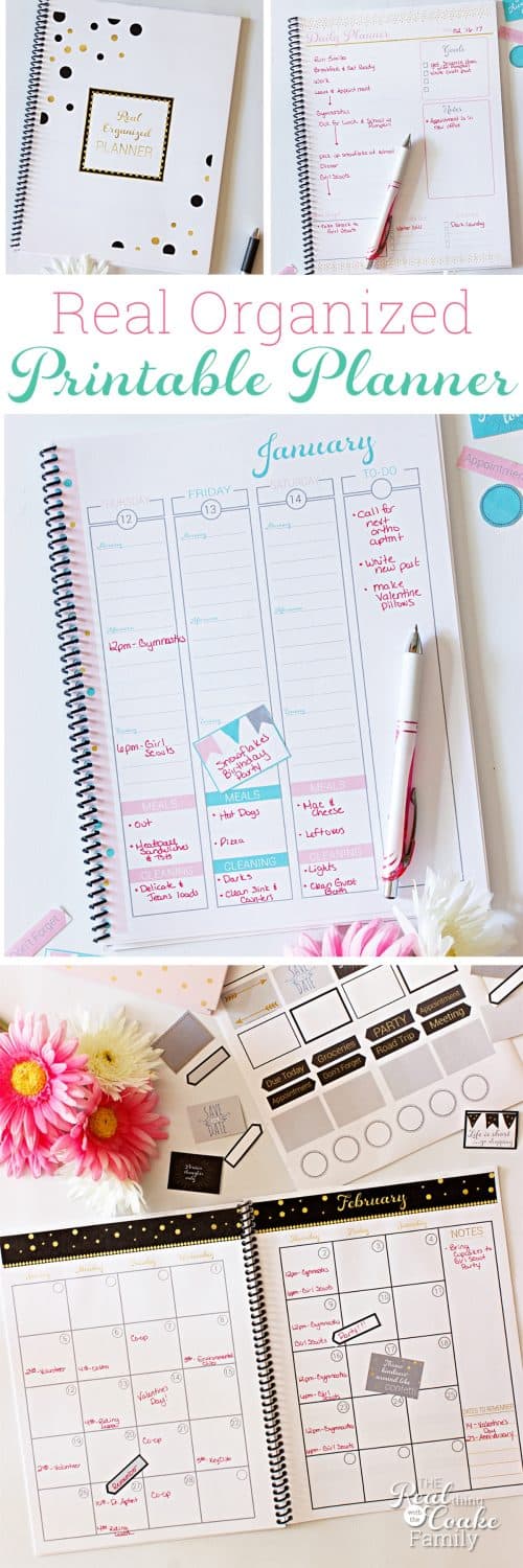 Perfect 2017 printable calendar! It is a simple monthly, weekly, and daily planner that has spots for keeping up with the whole family schedule, cleaning, bills, and meals. I love that it is cute and comes with fun stickers, too! 