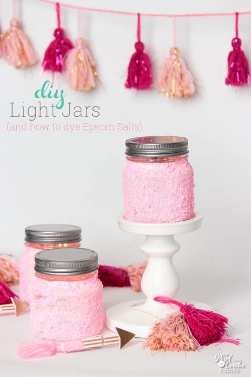 Awesome! DIY Light jars that are so cute and perfect for my Valentine's Day decor. Love that it teaches how to dye Epsom Salts. So amazing and easy!