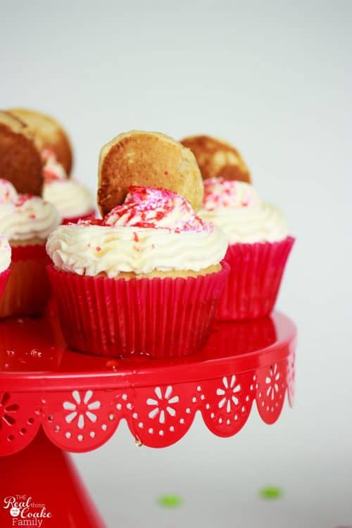Such a fun and simple breakfast recipe! Make this easy pancake recipe and make homemade pancake cupcakes for kids (and grownups!). Perfect for our holiday breakfasts and sleepovers.   