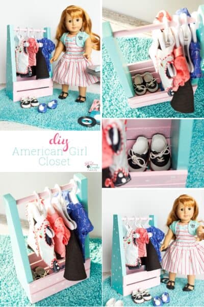 Cuteness! This is such a cute DIY American Girl idea to make a portable clothes closet. Perfect to hold all the American Girl Doll stuff and accessories.