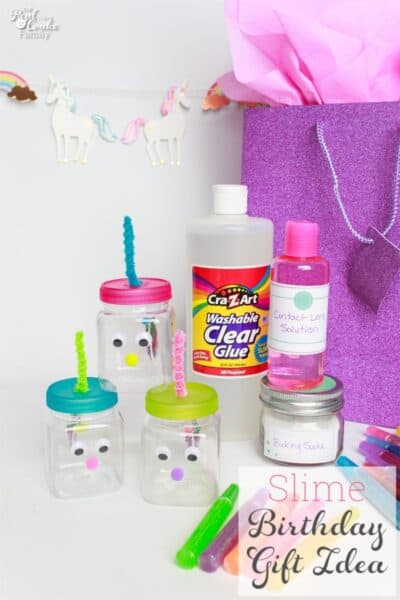 This is the cutest DIY birthday gift idea for kids. It is so creative and fun. Love the slime recipe, unicorn containers and idea for our next birthday party gift.