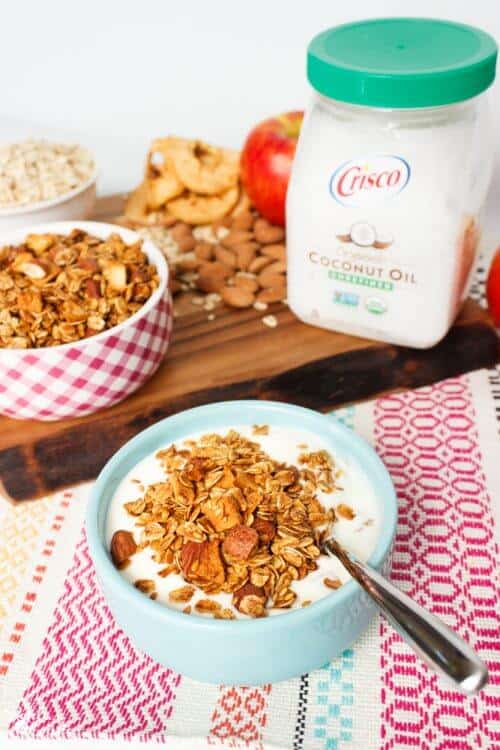 This easy homemade granola recipe is so delicious and healthy. It has Apples, Almonds, Honey, Oats, Flaxseed, Vanilla and Coconut Oil and takes only about 30 minutes start to finish. Yummy!