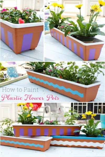 Great DIY showing painting plastic flower pots. Great ideas for our planters and to add color and personality to our yard with fun crafts! #DIY #Pots #Yard #Paint #Crafts #RealCoake