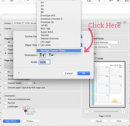 computer screenshot showing manage custom sizes