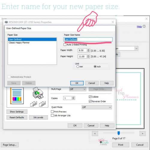 where to add a name for custom size paper in user defined paper size box