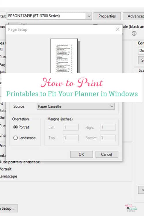 screenshot showing how to print planner pages on a windows computer