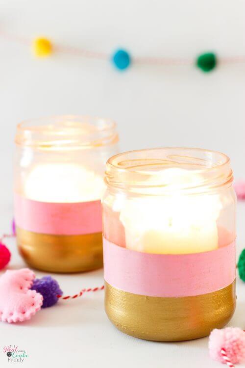 Make these DIY Candle holders. They upcycle salsa jars and are an easy craft idea to match your color theme or holiday decorations.