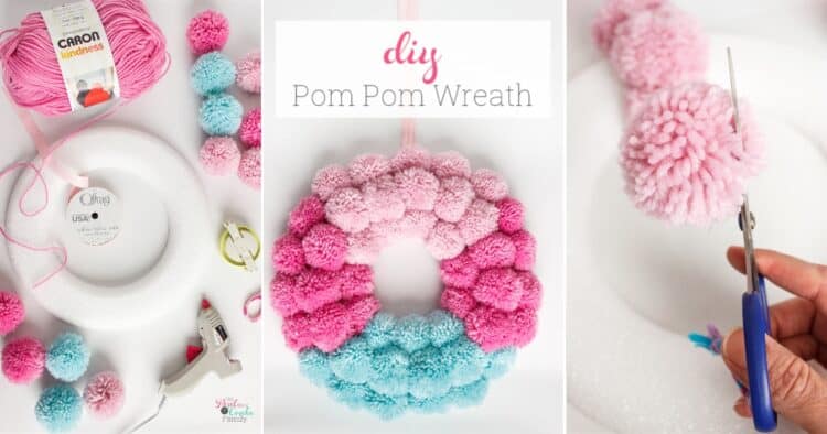 Cute DIY pom pom wreath tutorial showing step by step how to make this easy wreath using a pom pom maker. Perfect pom pom crafts for your home decor. 