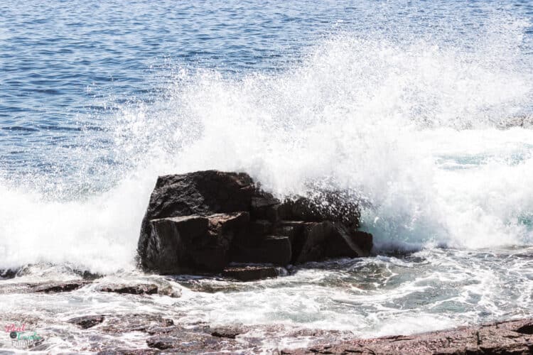 waves crashing into rocks at Acadia National Park